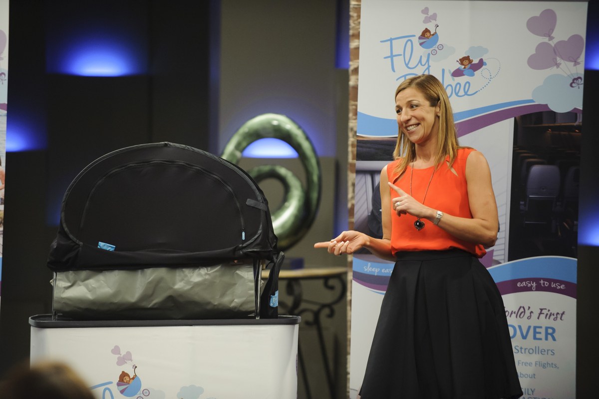 Emma presenting Fly Babee on Shark Tank Australia in 2015
