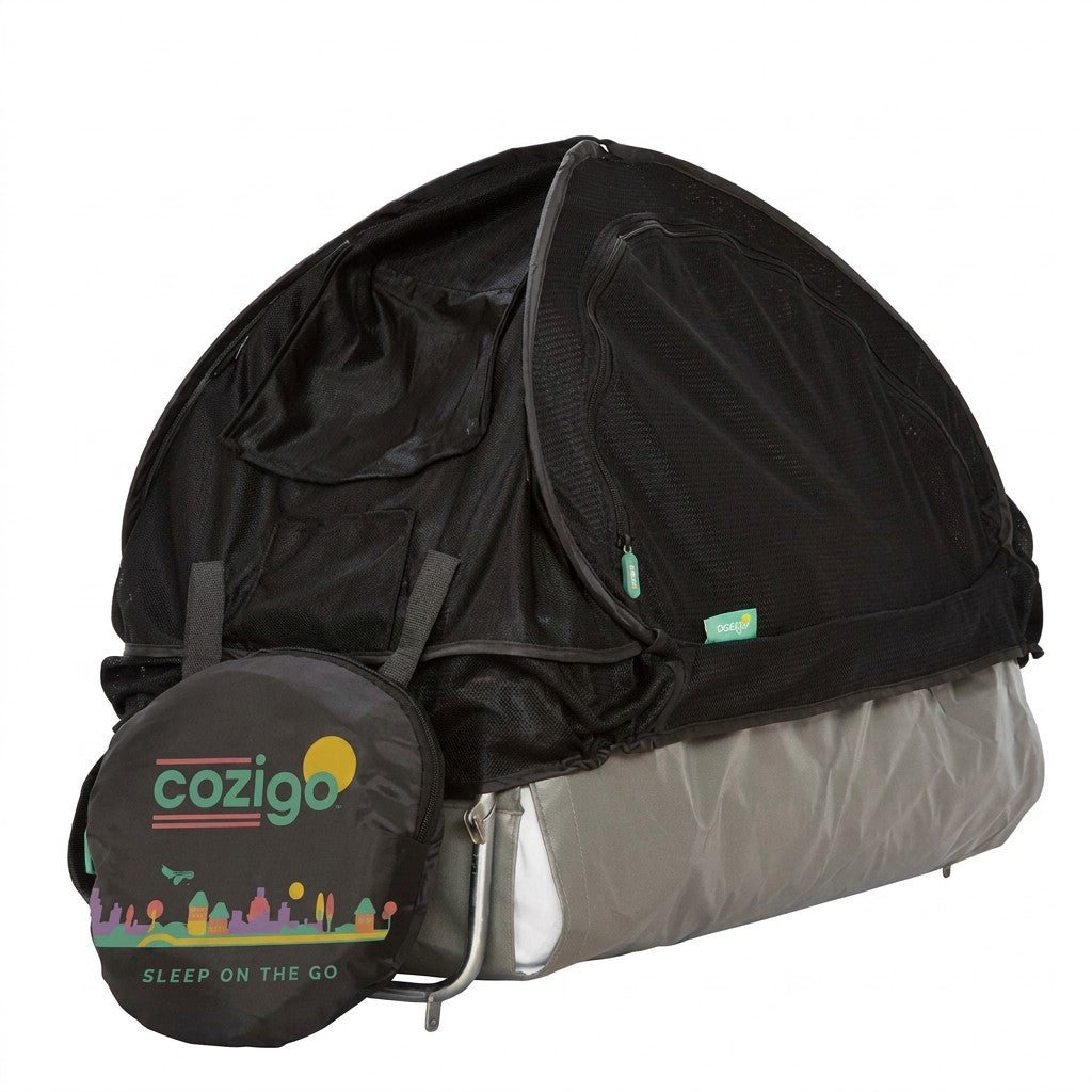 CoziGo folded into its compact travel pouch